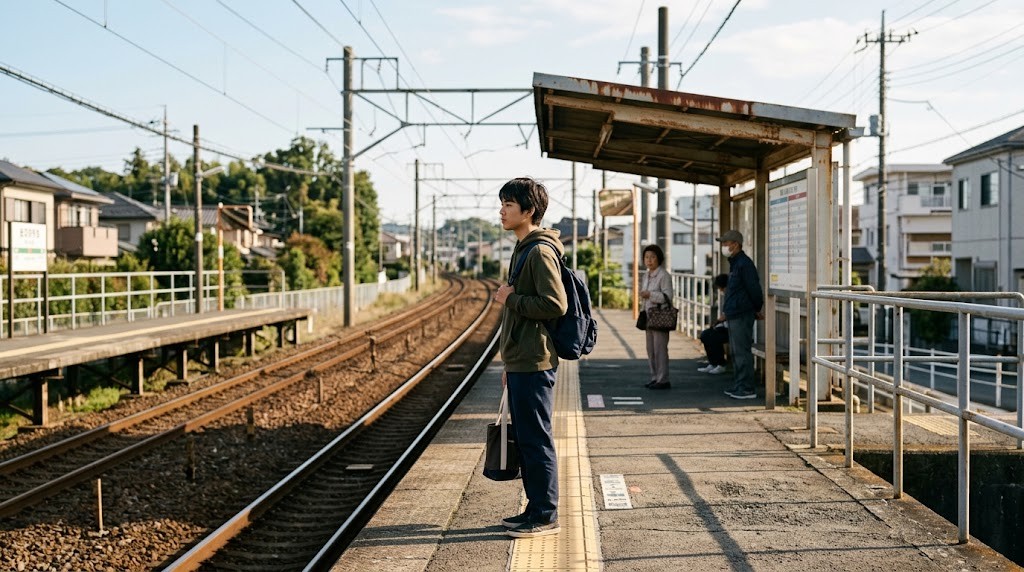 地方都市の屋外のホームで、リュックを持った高校生が電車を待っている