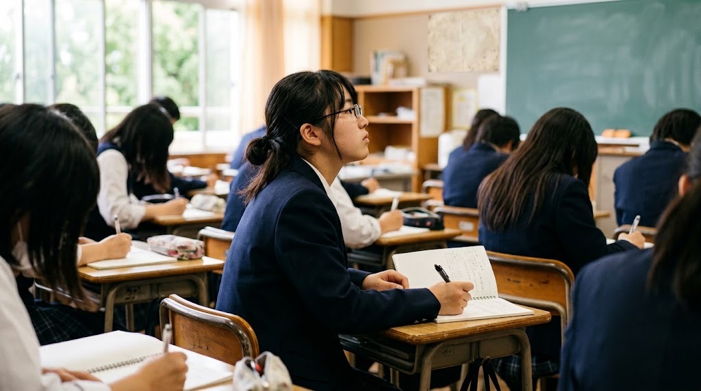 授業中に顔を上げている高校生。手元のノートにはペンが置かれている