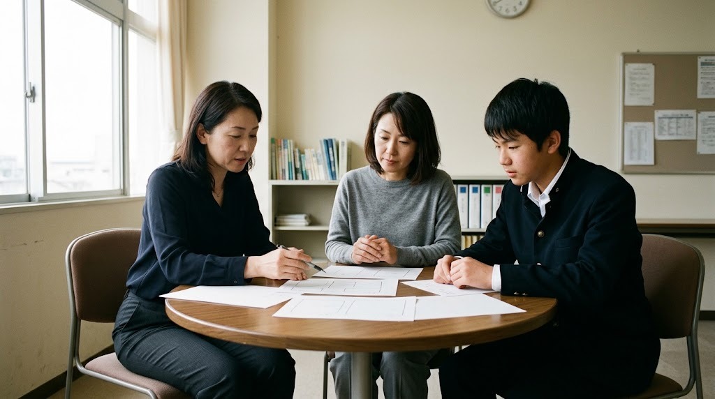 相談室で先生と保護者と生徒が、白紙の紙を見ながら話している
