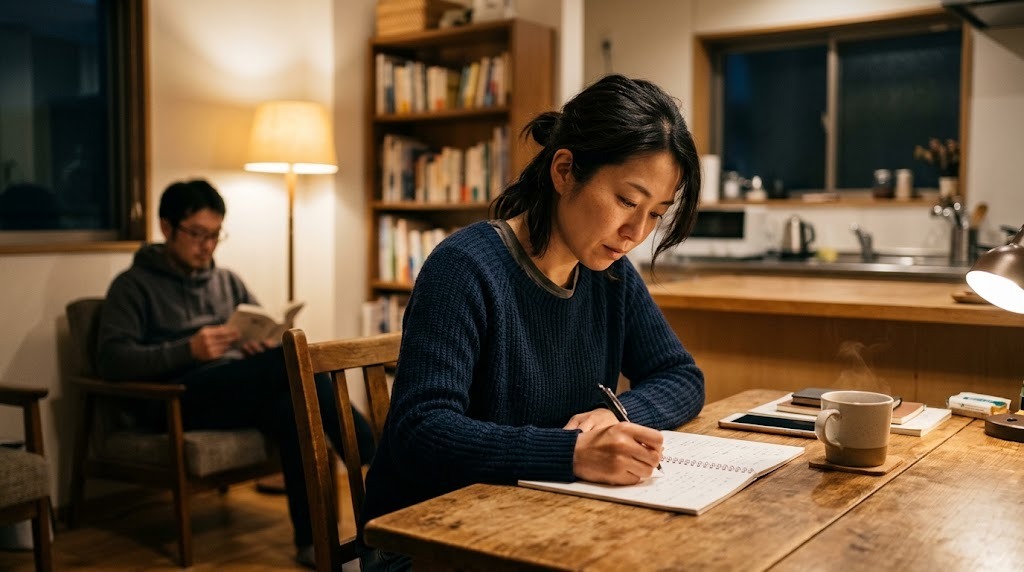夜の食卓でノートを開いて学び直している30代の女性