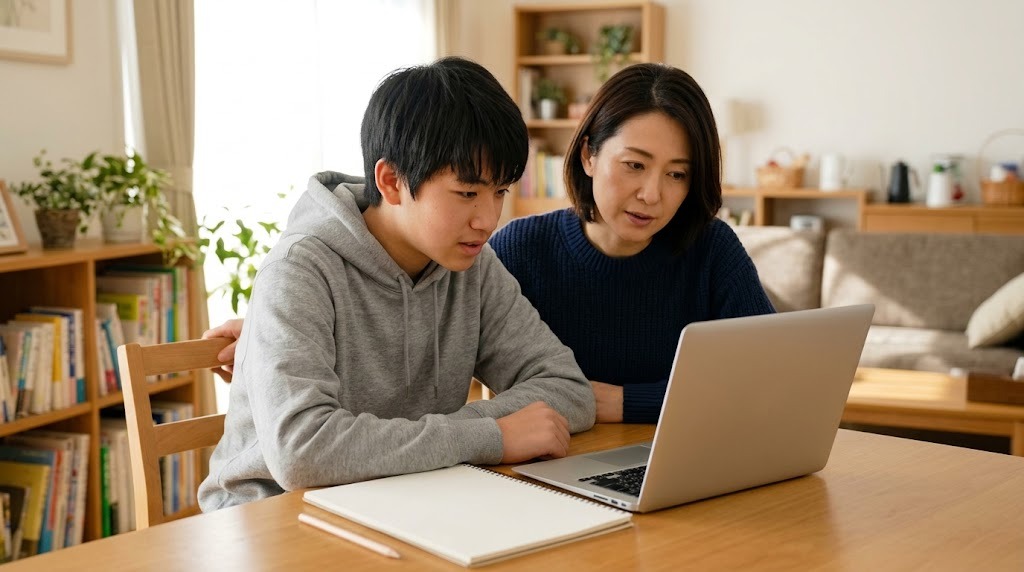 相談室で年齢の違う2人が、職員の説明を聞いている場面