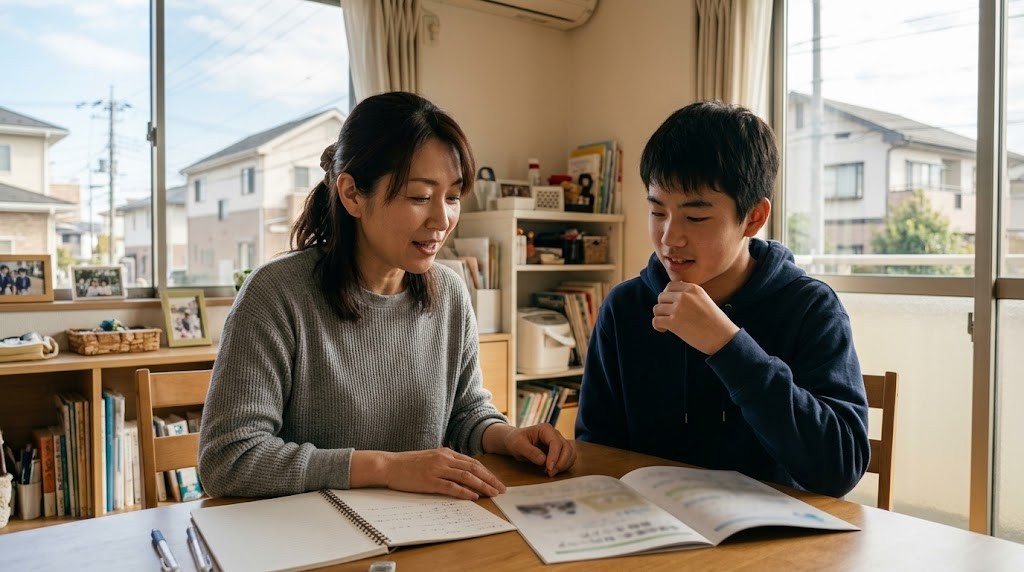 明るいダイニングのテーブルで、母親と高校生の息子が学校のパンフレットとノートを見ながら話している