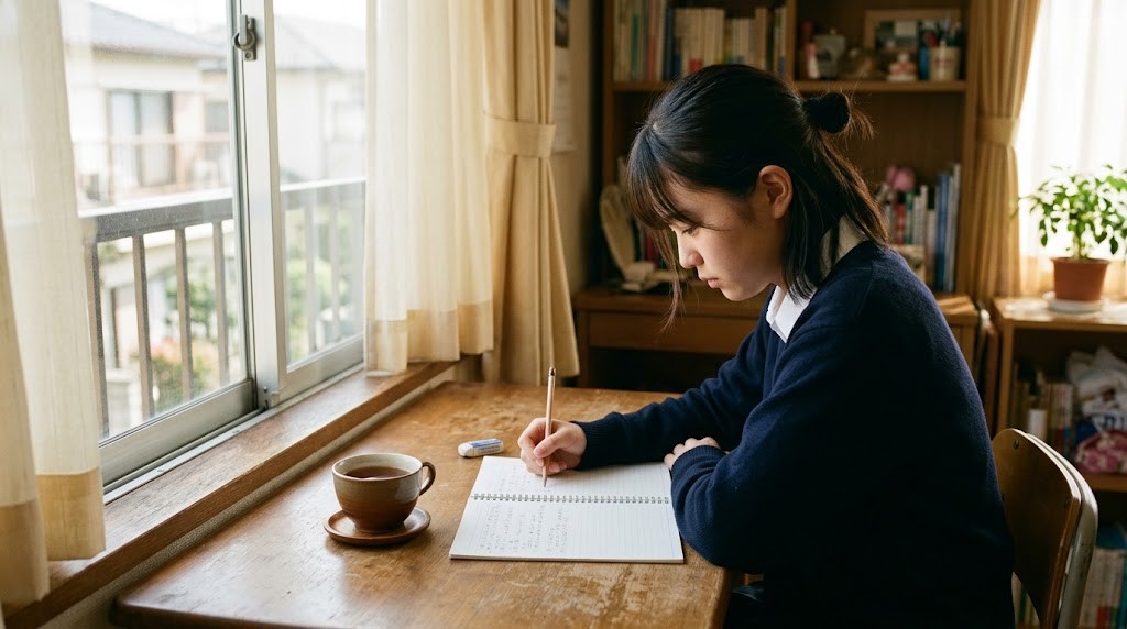窓ぎわの机で、高校生がノートに鉛筆で書き込みながら学習している