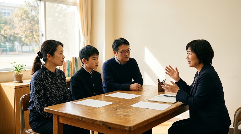 明るい相談室で、両親と中高生の子どもが職員の説明を聞いている