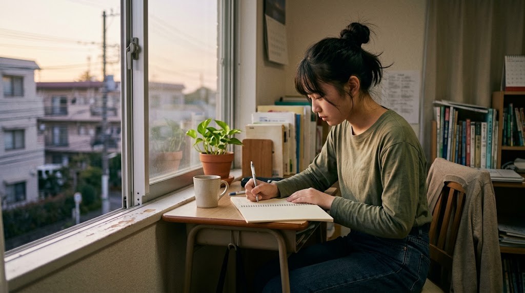 夕方の窓ぎわの机で、高校生がノートに書き込みながら学習している