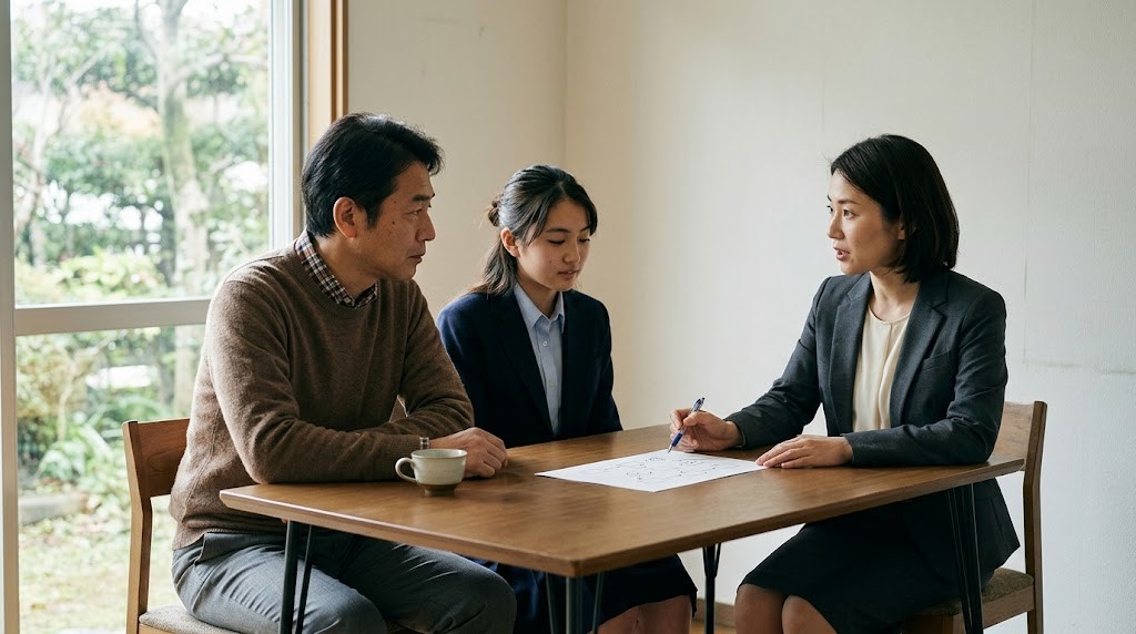 相談室のテーブルで、父親と娘が職員の説明を聞いている