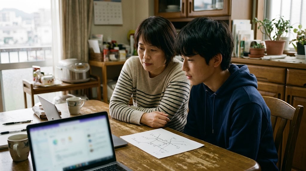 台所のテーブルで、母親と高校生の息子がノートパソコンと手書きの路線のメモを見ている