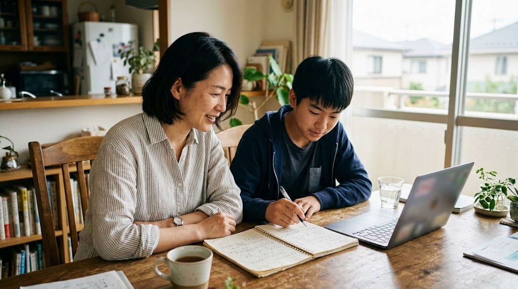 明るいリビングのテーブルで、母親と高校生の息子がノートパソコンとノートを見ている
