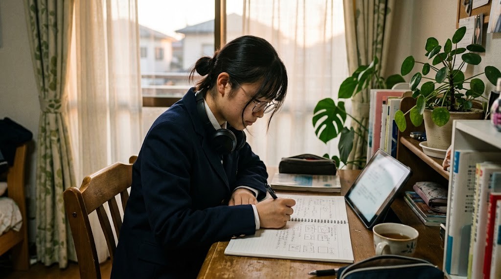 夕方の自宅の机で、ヘッドホンを首にかけた高校生がノートとタブレットで学習している