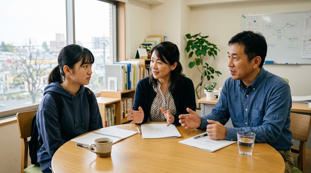 明るい相談室で、高校生と2人の大人が丸テーブルを囲んで話している