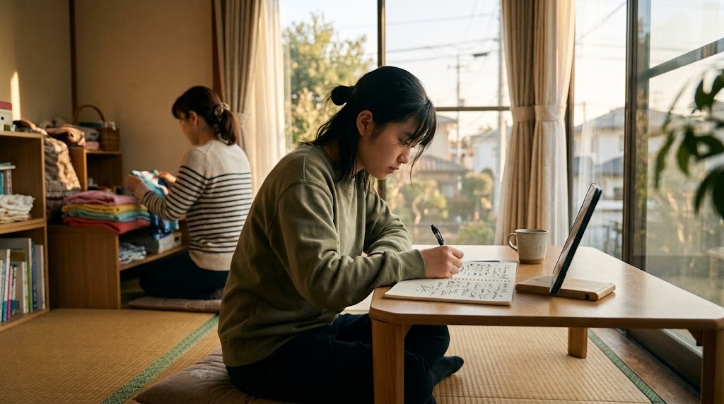 夕方の窓ぎわで、高校生がノートに書きながらタブレットで学習している