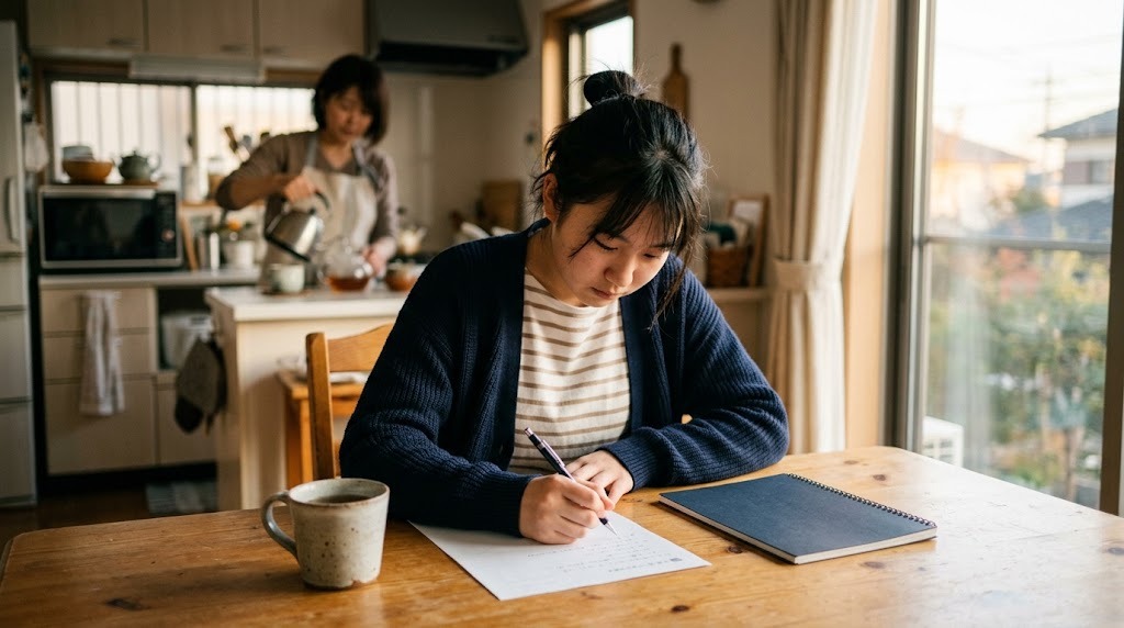 自宅のテーブルで課題に取り組む高校生と、台所にいる保護者