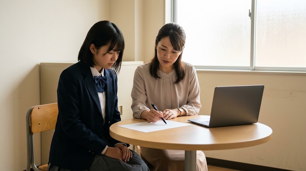 相談室で先生と並んで予定表を見ている高校生