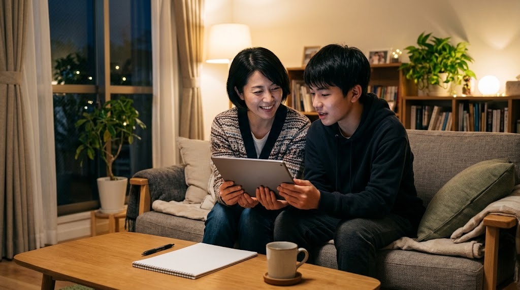 夜のリビングでタブレットを一緒に見ながら話す親子
