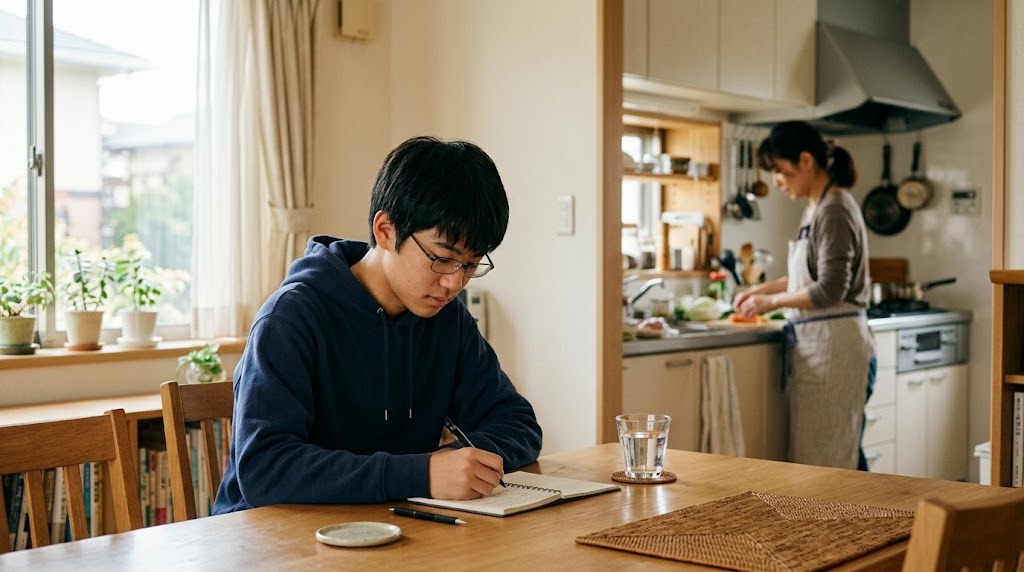 朝の食卓で水を飲みながら過ごす高校生と、台所にいる保護者