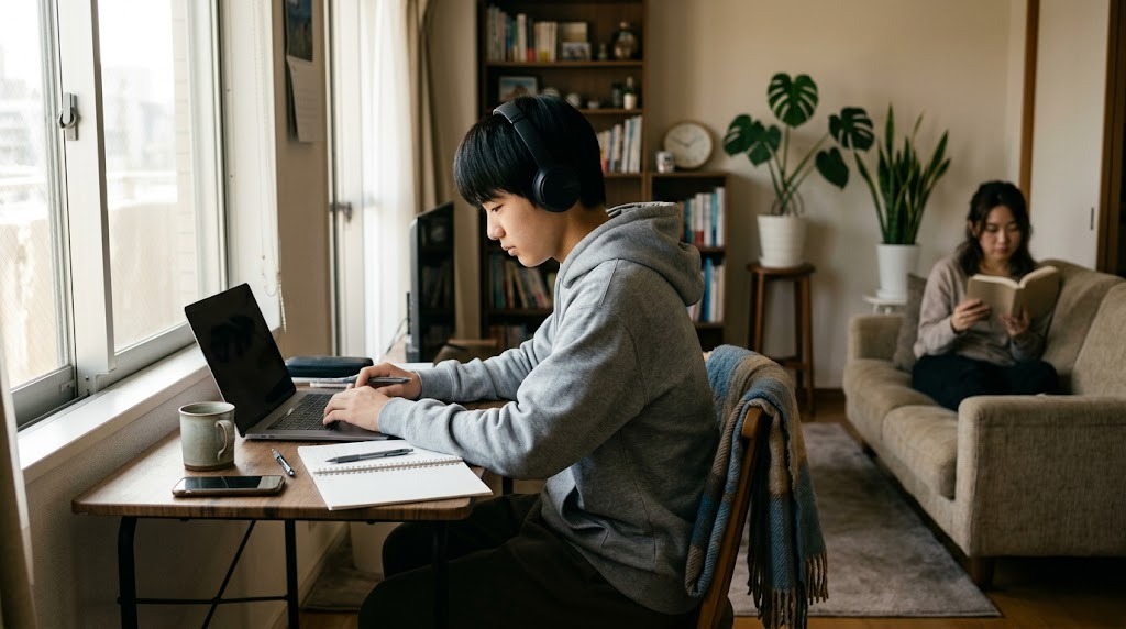 自宅でオンラインの授業を受ける高校生。画面は見えない角度