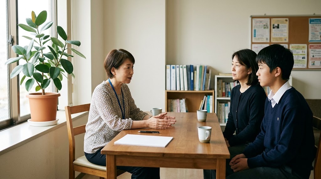 相談室で保護者と生徒が並んで座り、職員と話している場面