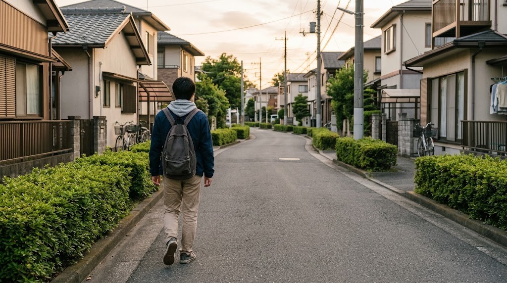 夕方前の住宅街を、リュックを背負った高校生くらいの人が後ろ姿で歩いている