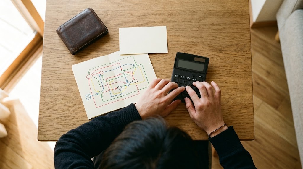 机の上のカードと財布、路線図のような紙を前に、若い人の手が電卓をたたいている