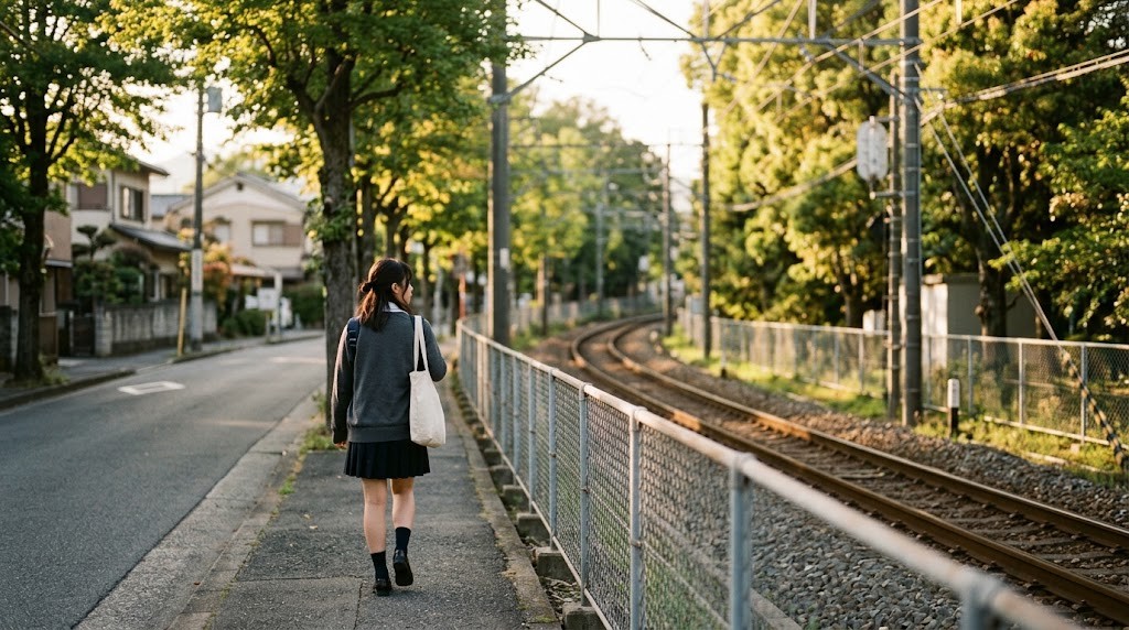 線路沿いの並木道を、トートバッグを肩にかけた高校生が歩いている