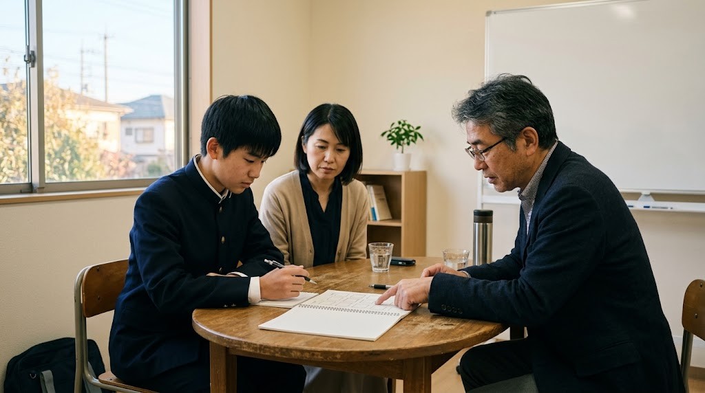 明るい面談室で、高校生と保護者、学校のスタッフが丸テーブルを囲んでノートを見ている