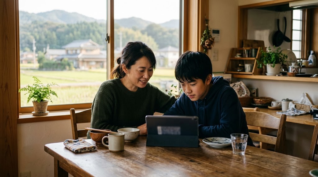 郊外の家のダイニングテーブルで、母親と高校生の子どもがタブレットを一緒に見ている
