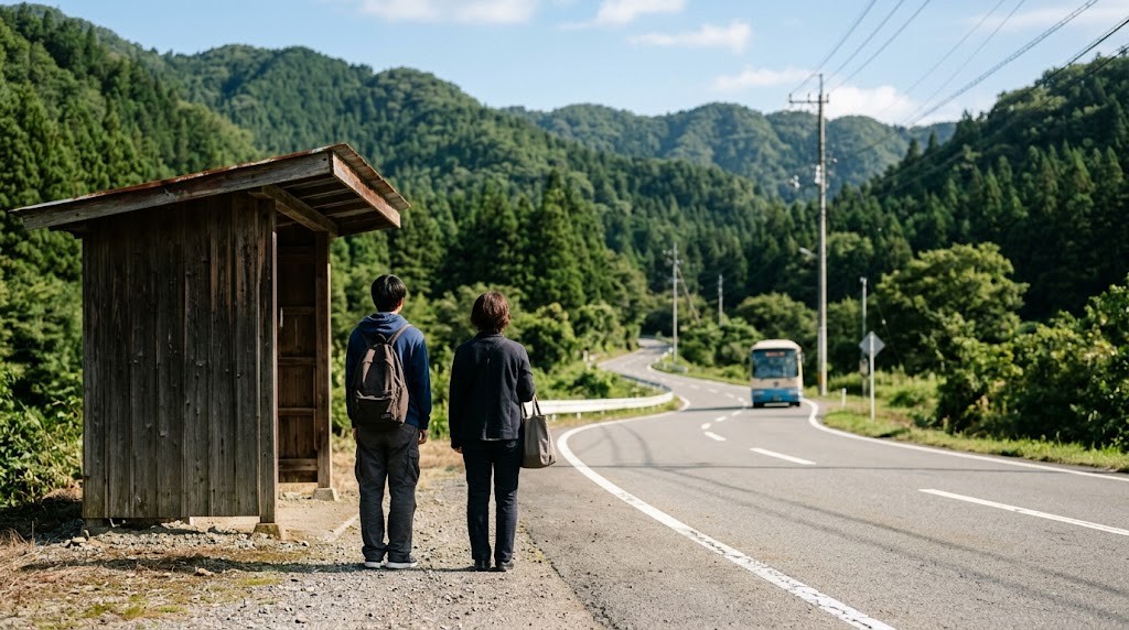 森に囲まれた道路ぞいのバス停で、高校生と保護者がバスを待っている