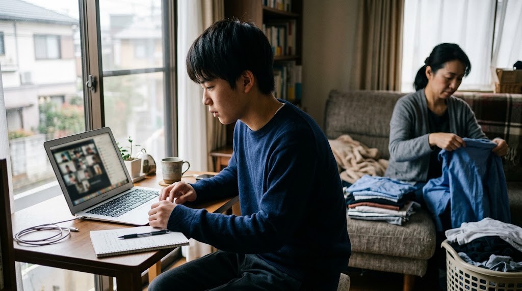 自宅の窓ぎわの机で、高校生がノートパソコンでオンライン授業を受けている