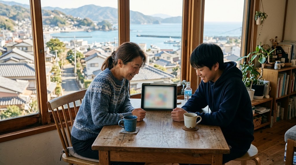 海と屋根の見える部屋のテーブルで、母親と高校生の息子がタブレットをいっしょに見ている