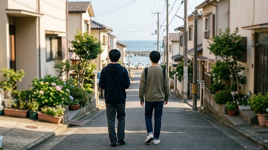 海へ下っていく住宅街の坂道を、高校生2人が並んで歩いている後ろ姿