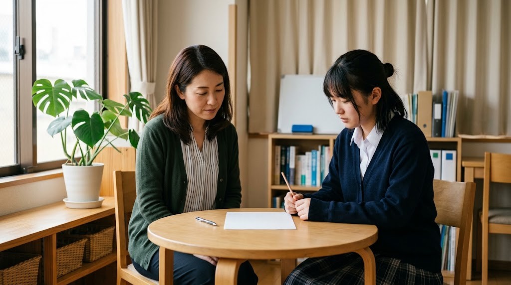 明るい相談室の丸テーブルで、高校生と女性の相談員が1枚の紙を見ながら話している