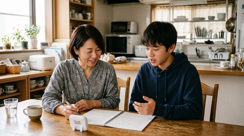台所のテーブルでノートを見ながら落ち着いて話す高校生と保護者