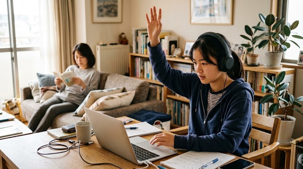 家でヘッドホンをつけてオンライン授業に参加し手を挙げる高校生