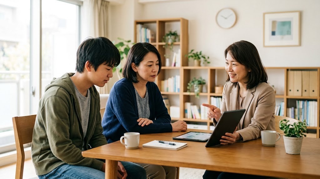相談室で説明を聞く高校生と保護者