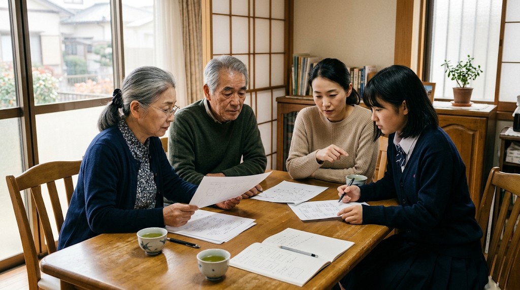 資料を囲んで話し合う祖父母と母親と高校生