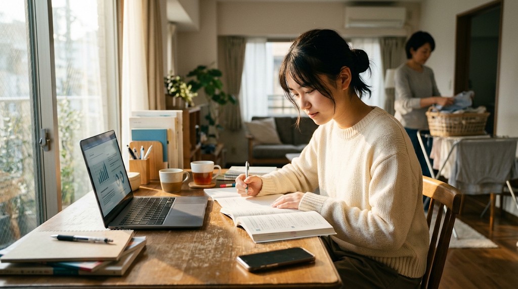 自宅で勉強する高校生と、後ろで家事をする家族