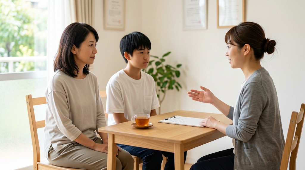 相談室で職員の話を聞く母親と息子