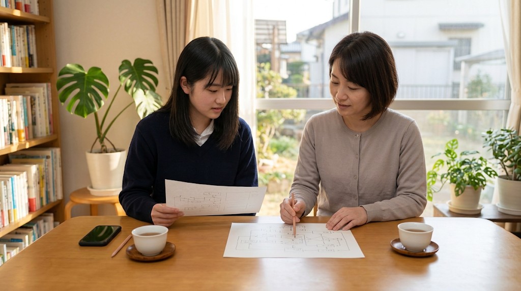 先生と一緒に紙を見ながら話す高校生