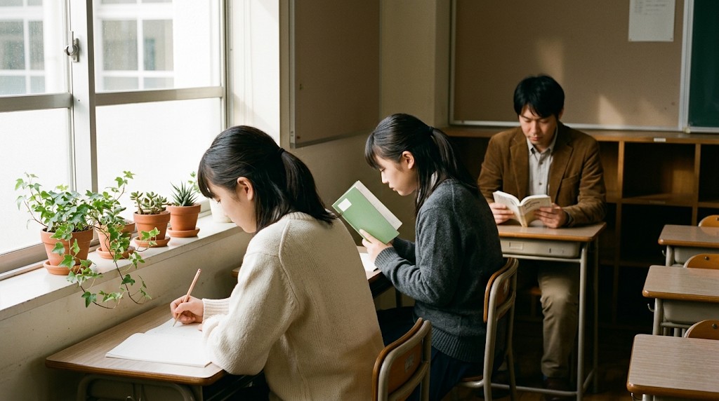 別室の机で学ぶ高校生たちと、後ろで見守る先生