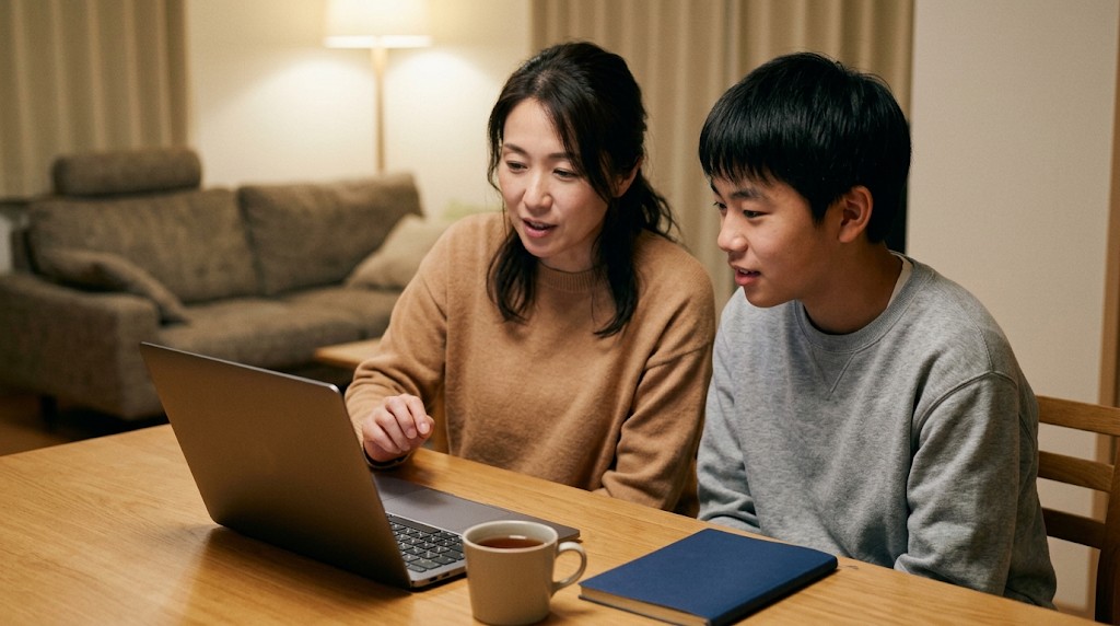 自宅でノートパソコンを見ながら話す母親と息子