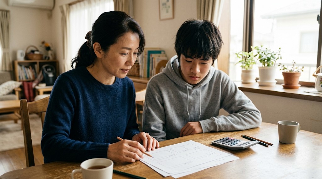 電卓と書類を前に話す母親と高校生の息子