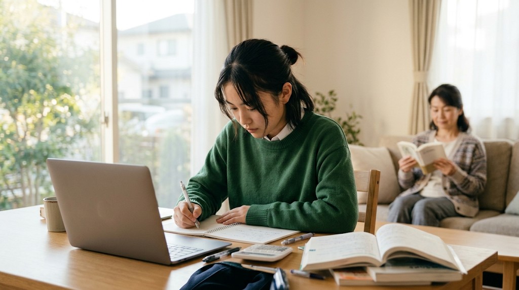 自宅で課題に取り組む高校生と、後ろで本を読む母親