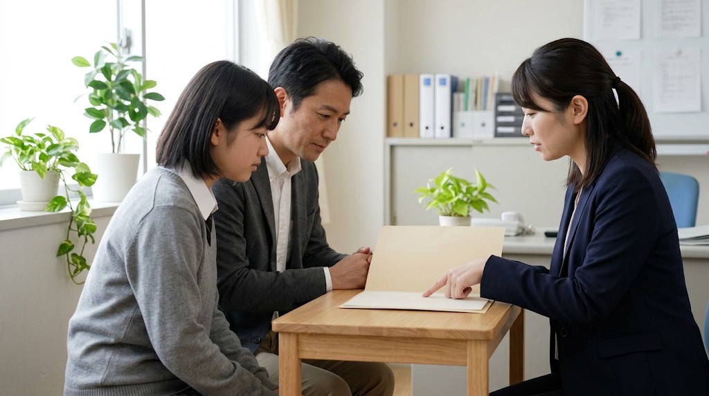 学校の事務室で説明を聞く父親と娘