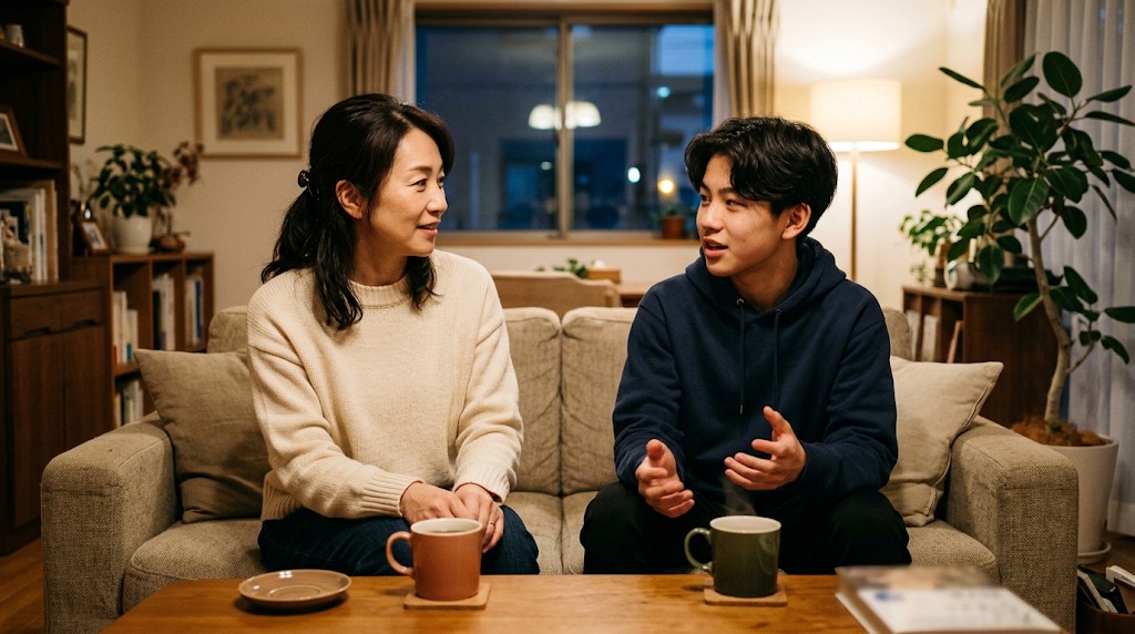 リビングで息子の話を聞く母親