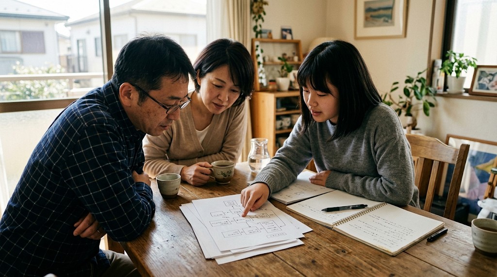 資料を一緒に見ながら話し合う両親と高校生の娘