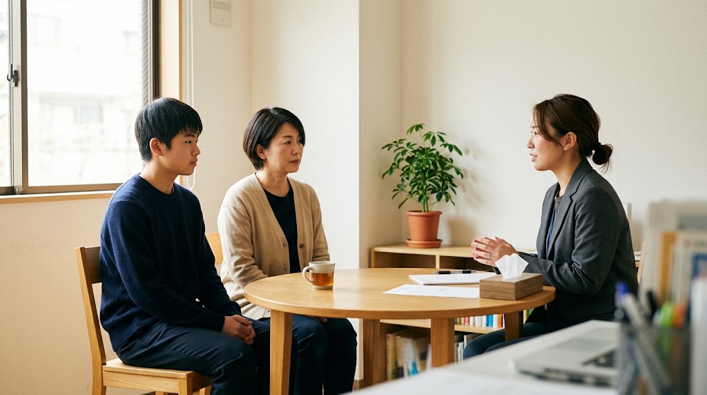 相談室でスタッフの話を聞く母親と息子