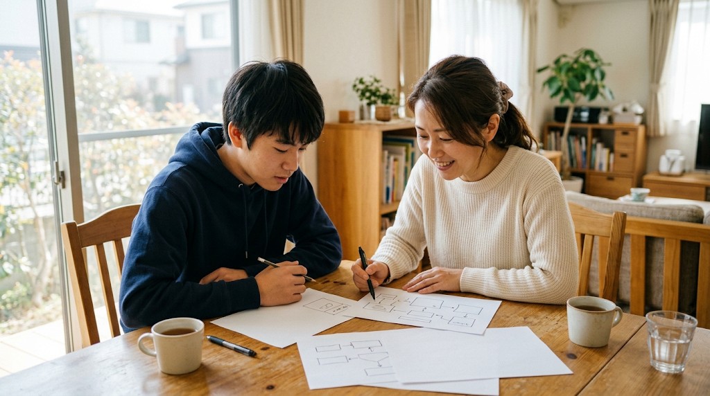 書類を一緒に見ながら話す母親と息子