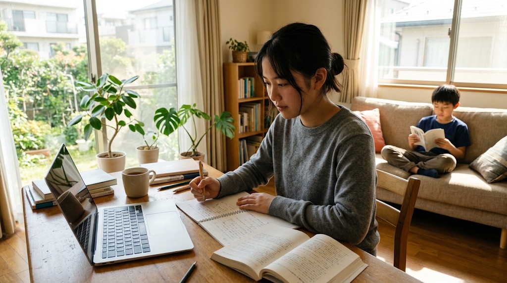 自宅で勉強する高校生と、ソファで本を読む弟