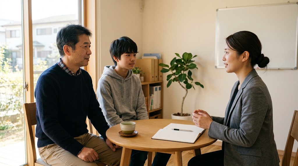 相談室で職員の話を聞く父親と息子