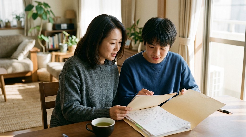 学校の資料を一緒に見る母親と高校生の息子